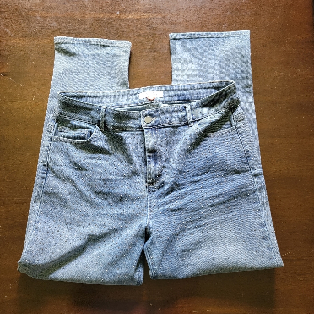 ARULA Rhinestone Studded Light Blue Denim Jeans